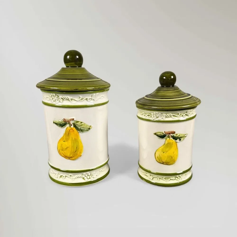 Vintage 3D Raised Fruit Porcelain Ceramic (2) Canister Set Japan Lemon Apple